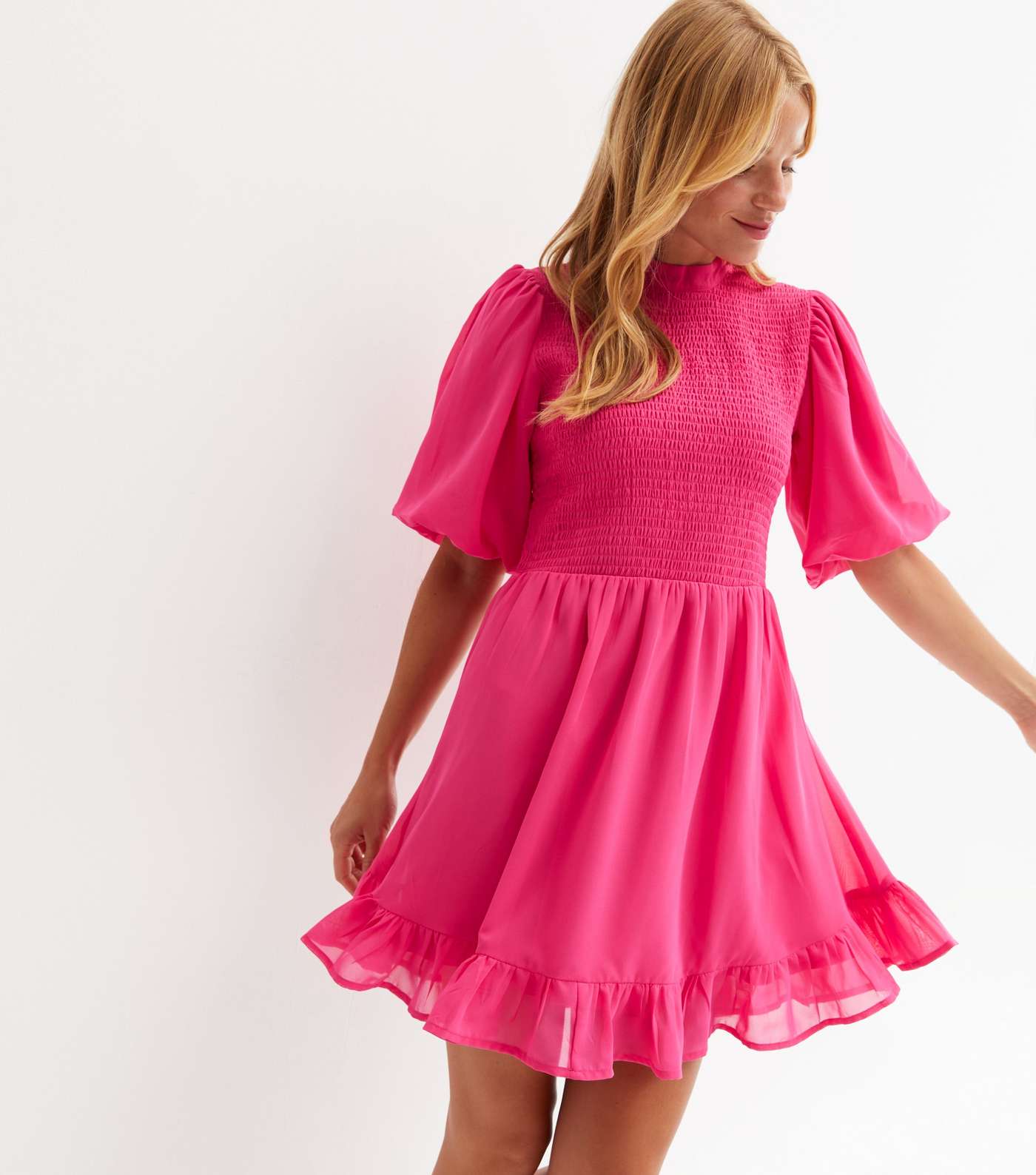 Bright Pink Shirred High Neck Short Puff Sleeve Frill Mini Dress