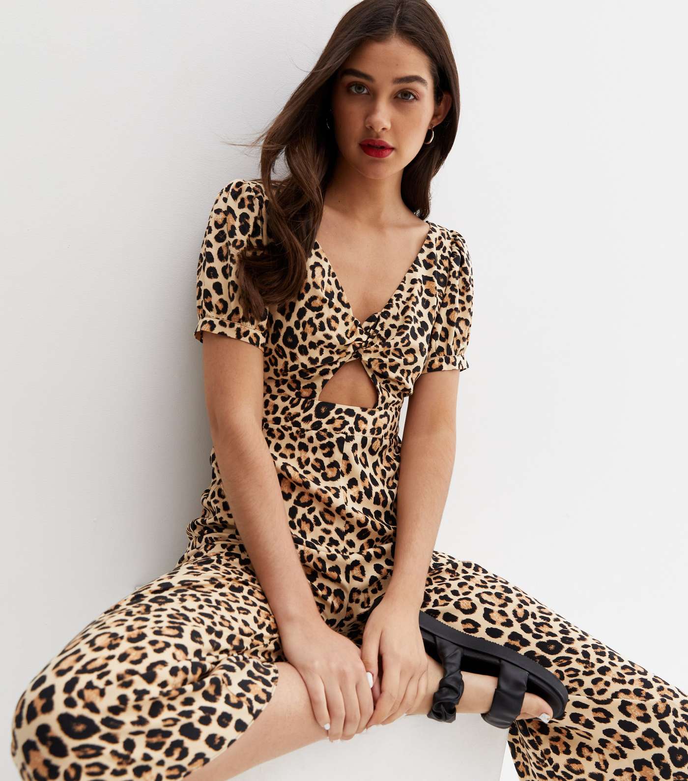 Brown Leopard Print Tie Back Wide Leg Crop Jumpsuit Image 2