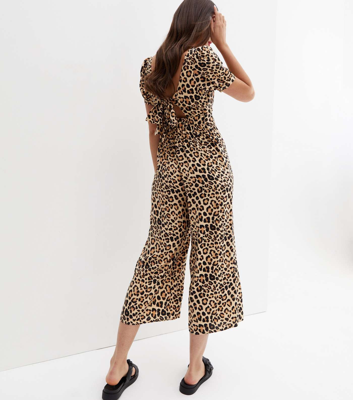 Brown Leopard Print Tie Back Wide Leg Crop Jumpsuit Image 4