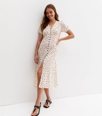 new look white spot button front midi dress