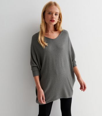 Blue Vanilla Grey V Neck Long Batwing Jumper New Look