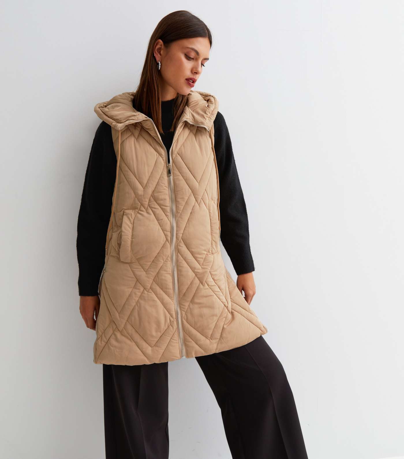 Blue Vanilla Stone Quilted Long Hooded Gilet Image 2