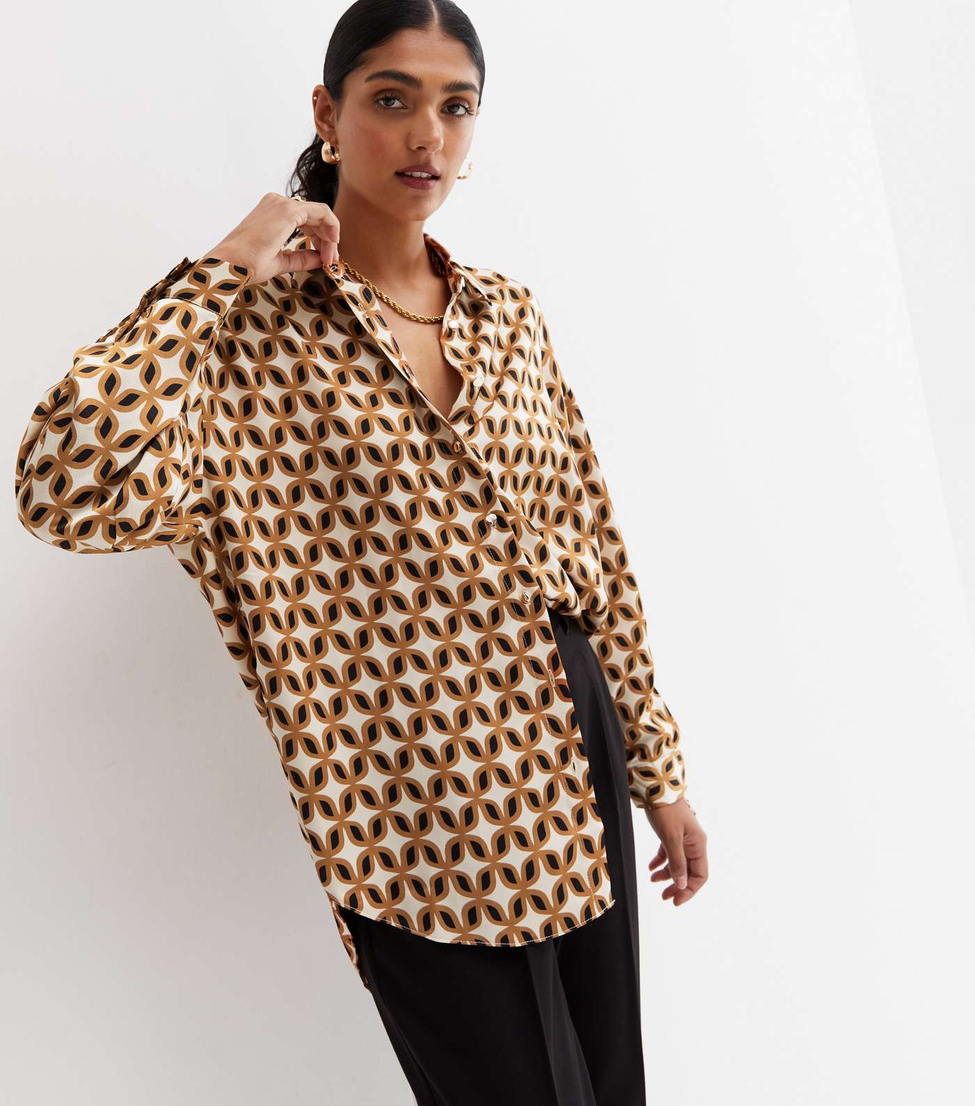 Brown Geometric Satin Long Sleeve Oversized Shirt Image 3