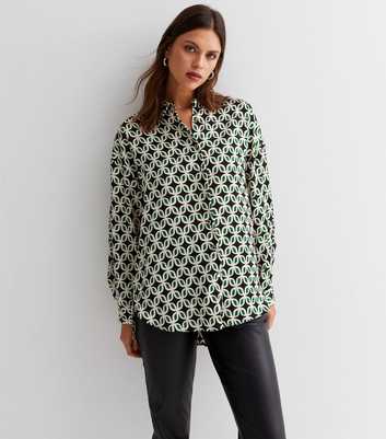 Green Geometric Satin Long Sleeve Oversized Shirt
