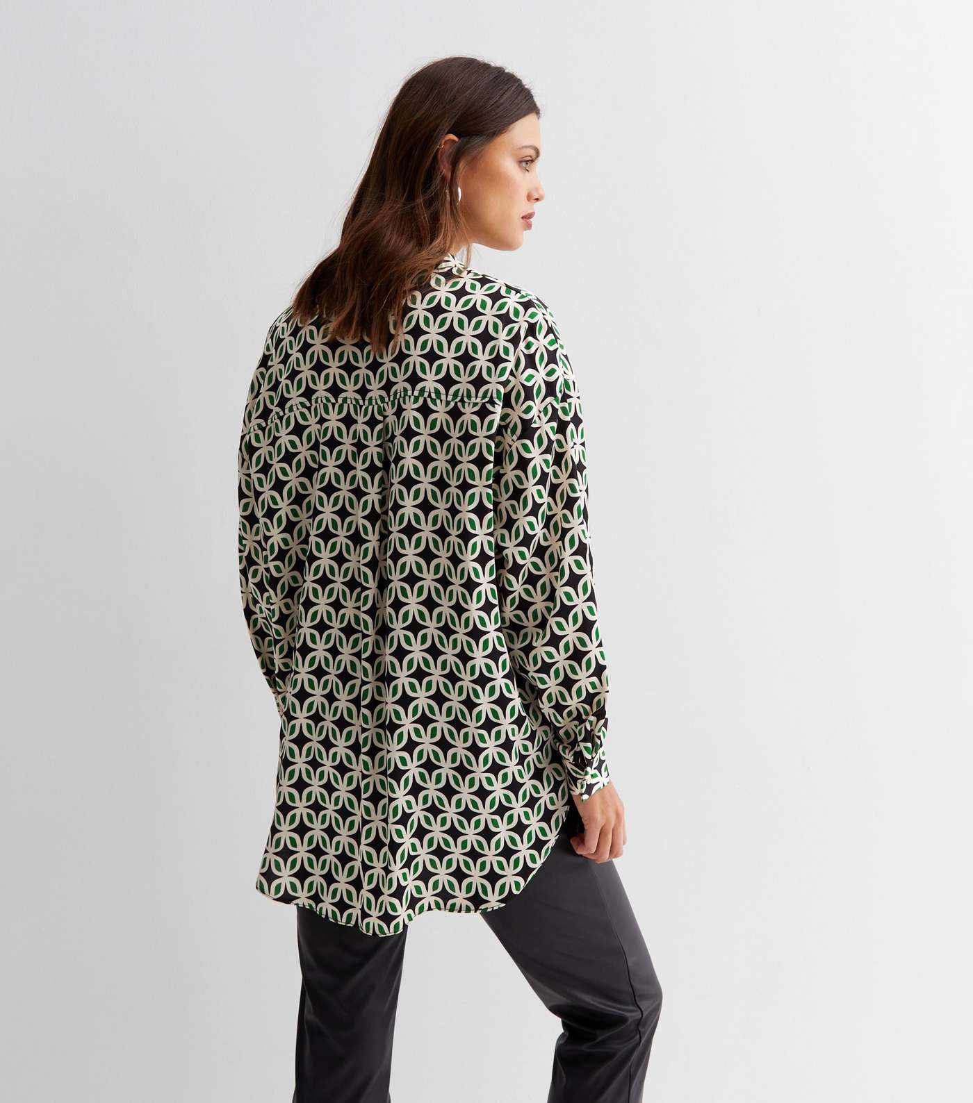 Green Geometric Satin Long Sleeve Oversized Shirt Image 4