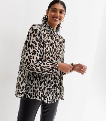 Brown Leopard Print Chiffon High Neck Blouse | New Look