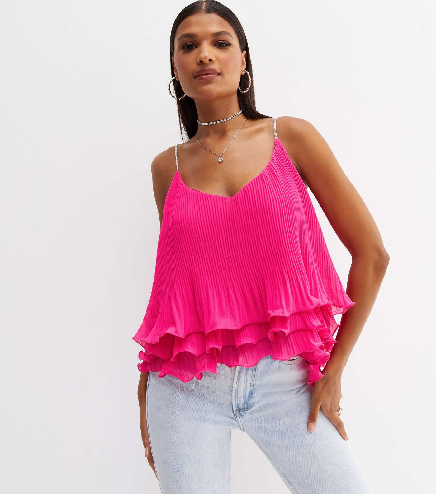 Bright Pink Plissé Strappy Tiered Frill Cami