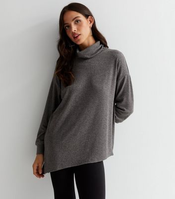 Dark Grey Brushed Knit Roll Neck Asymmetric Top | New Look