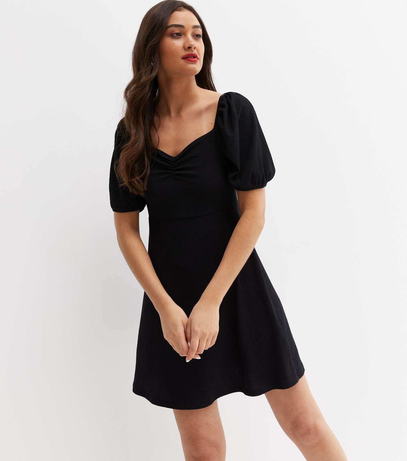 Black Textured Jersey Ruched Mini Dress
