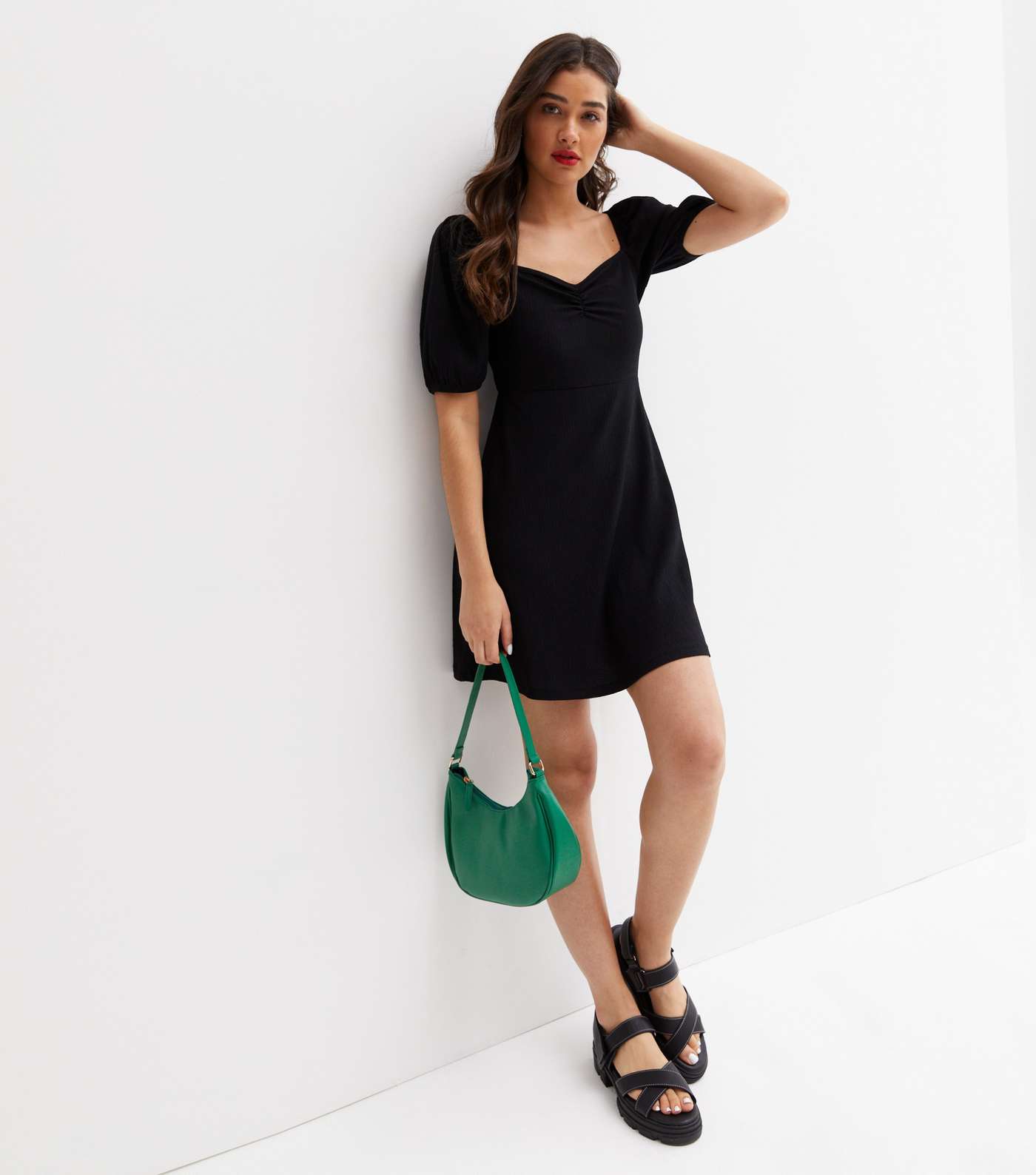 Black Textured Jersey Ruched Mini Dress Image 3