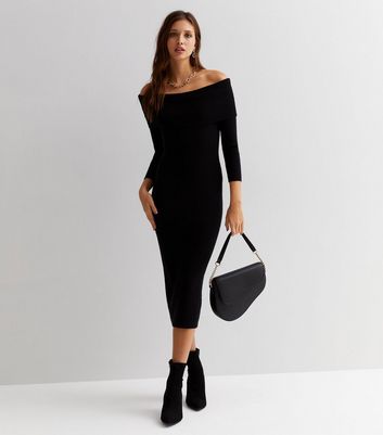 Black Ribbed Knit Bardot Long Sleeve Midi Bodycon Dress