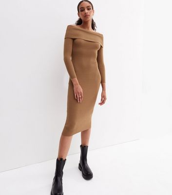 Tan Ribbed Knit Bardot Long Sleeve Midi Bodycon Dress