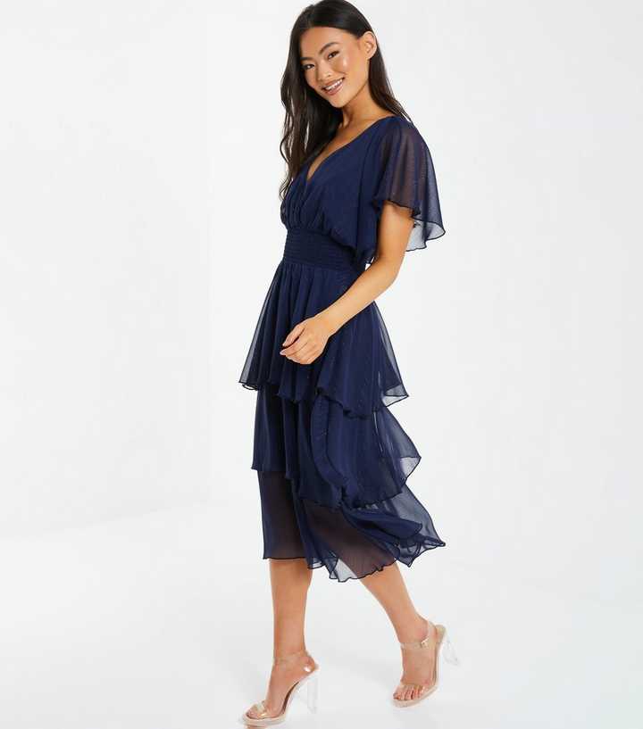 QUIZ Navy Glitter Chiffon V Neck Tiered Midi Dress