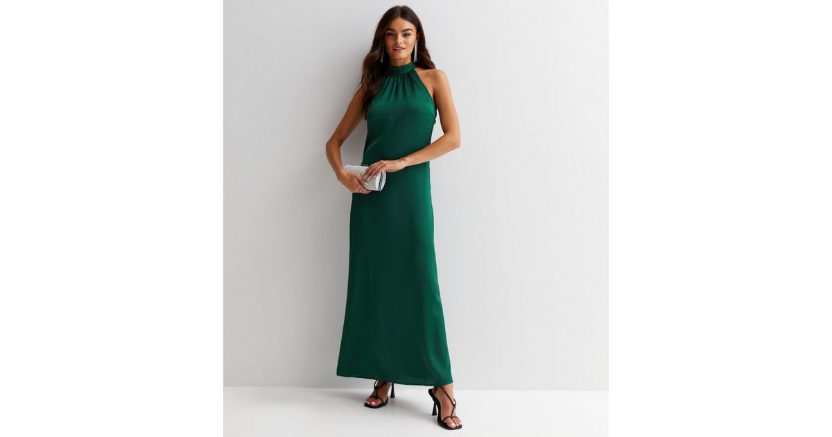 VILA Dark Green Satin Sleeveless Maxi Halter Dress New Look
