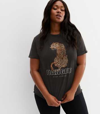 ONLY Curves Black Leopard Print Danger Logo T-Shirt