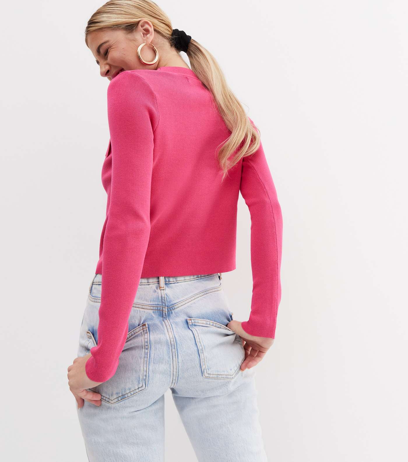 Bright Pink Ribbed V Neck Button Front Padded Shoulder Cardigan Image 4