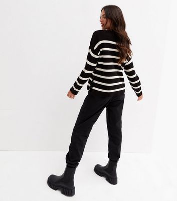 Black Stripe Ribbed Split Hem Crew 