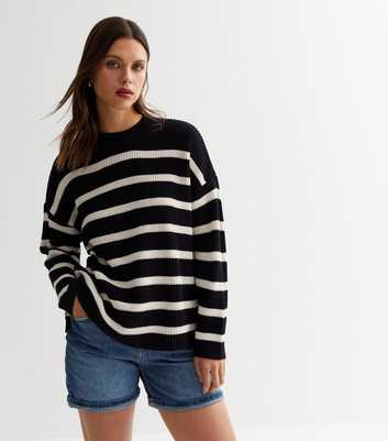 Navy Stripe Ribbed Knit Split Hem Jumper