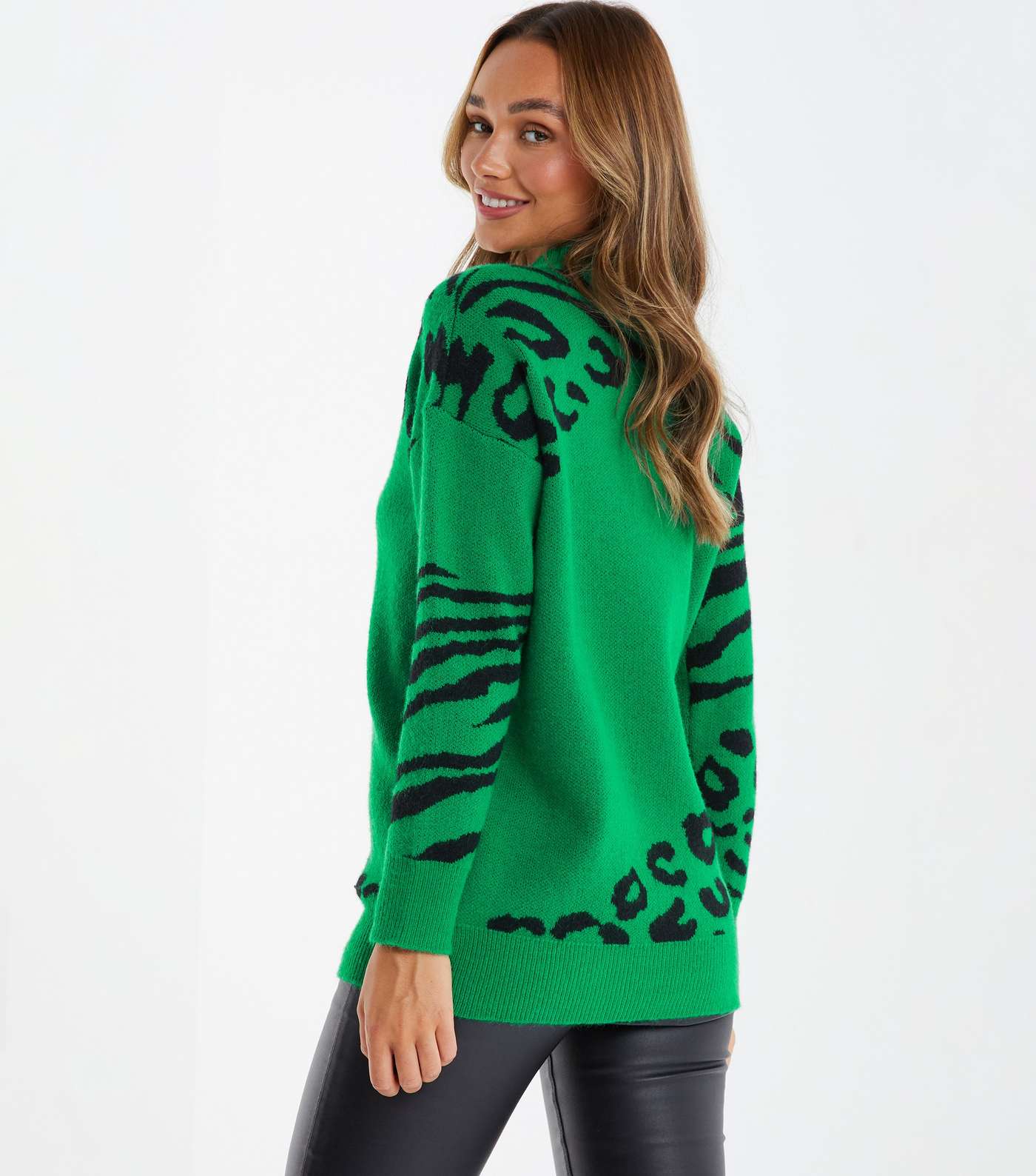 QUIZ Dark Green Animal Print Knit High Neck Jumper Image 3