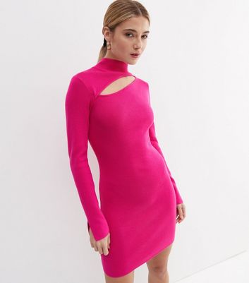 Pink Spacedye Knit Cut Out Smiles Trim Mini Dress