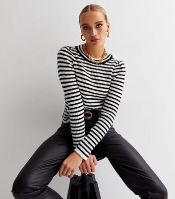 Black Stripe Button Shoulder Jumper New Look