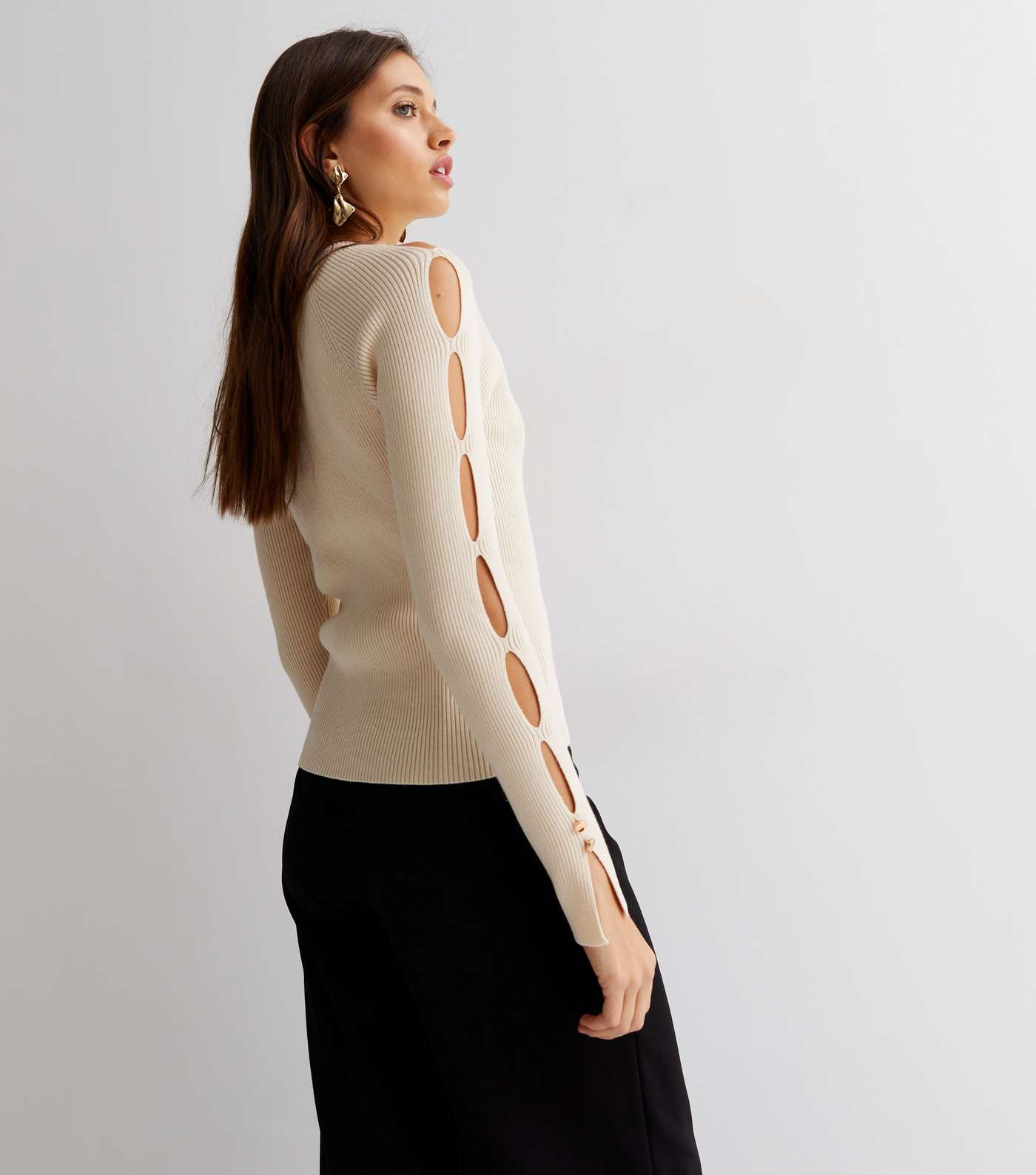 Cream Ribbed Knit Cut Out Long Sleeve Jumper Image 4