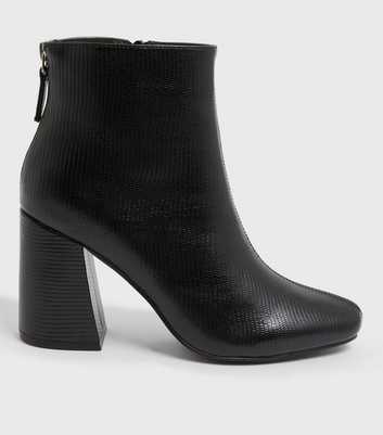 Black Faux Croc Zip Back Flared Block Heel Ankle Boots