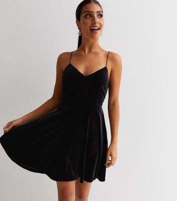 Black Velvet V Neck Strappy Mini Skater Dress