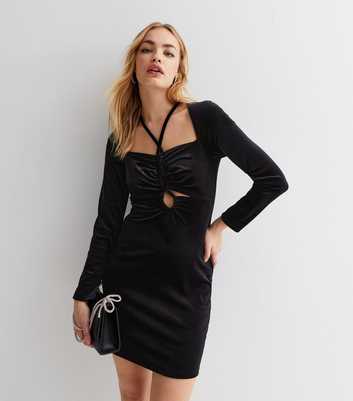 Black Velvet Strappy Long Sleeve Mini Dress