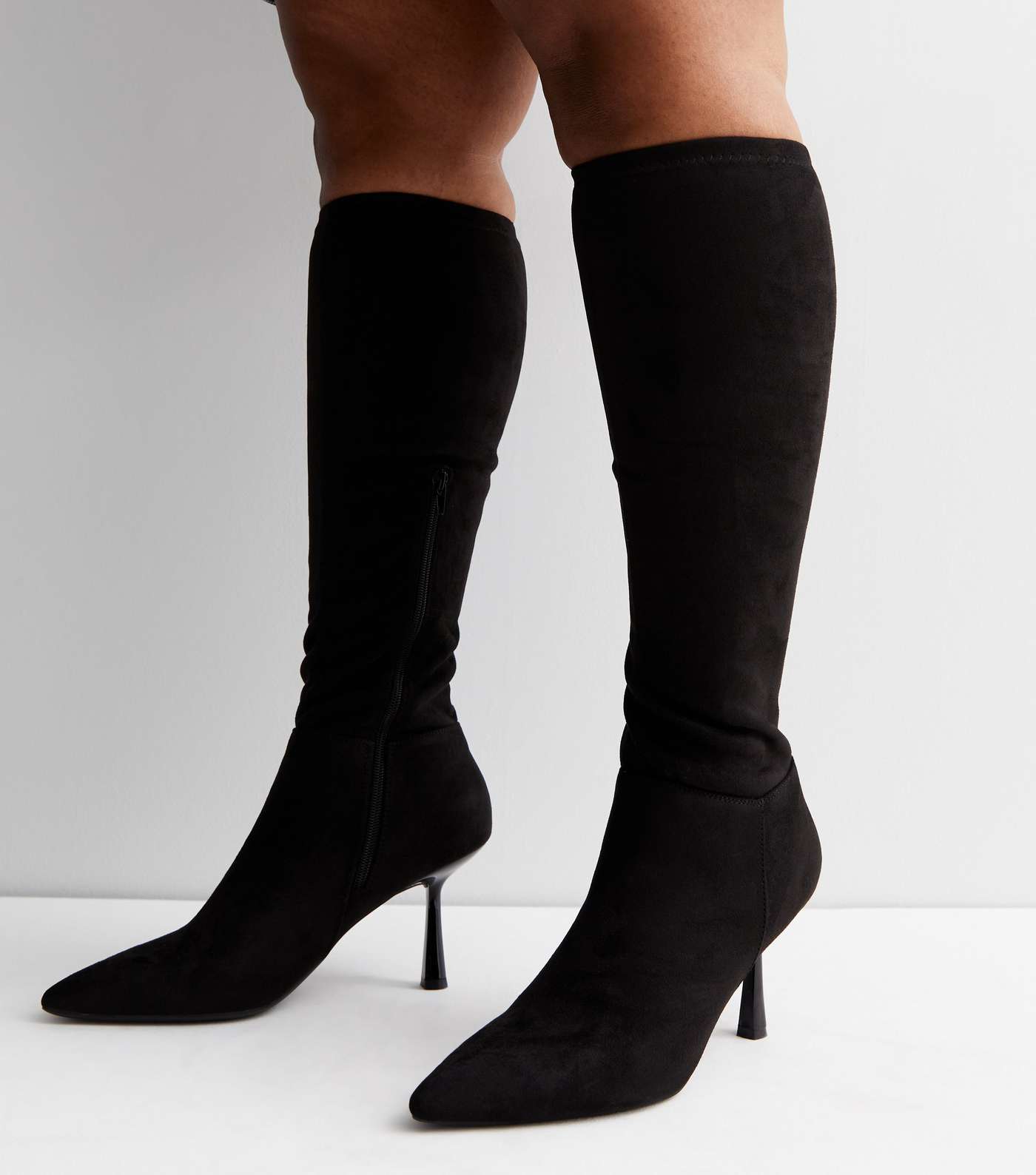 Black Suedette Pointed Stiletto Knee High Boots Image 2