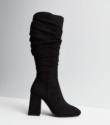 Black Suedette Ruched Block Heel Knee High Boots | New Look