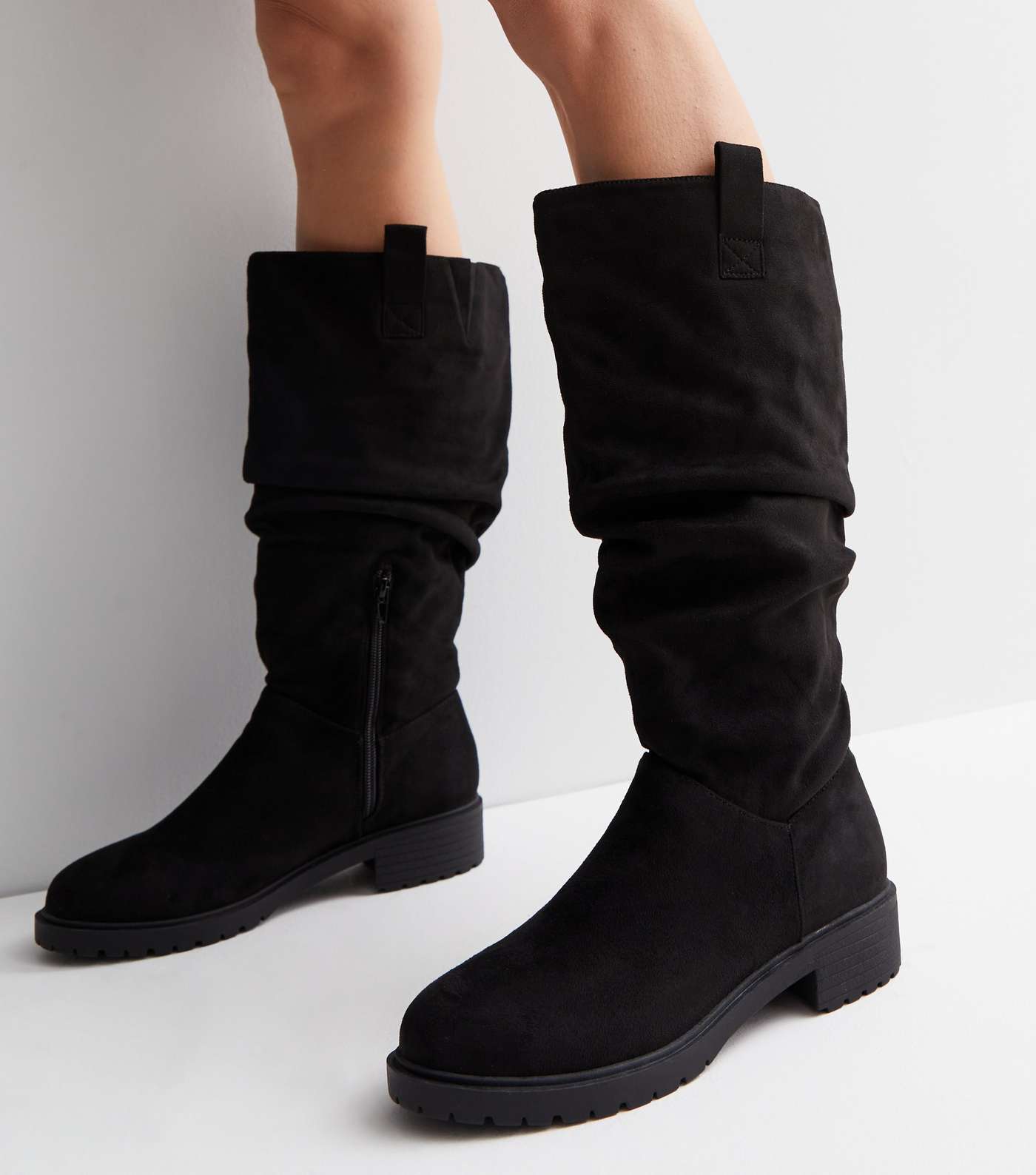 Wide Fit Extra Calf Fitting Black Suedette Knee High Chunky Slouch Boots Image 2