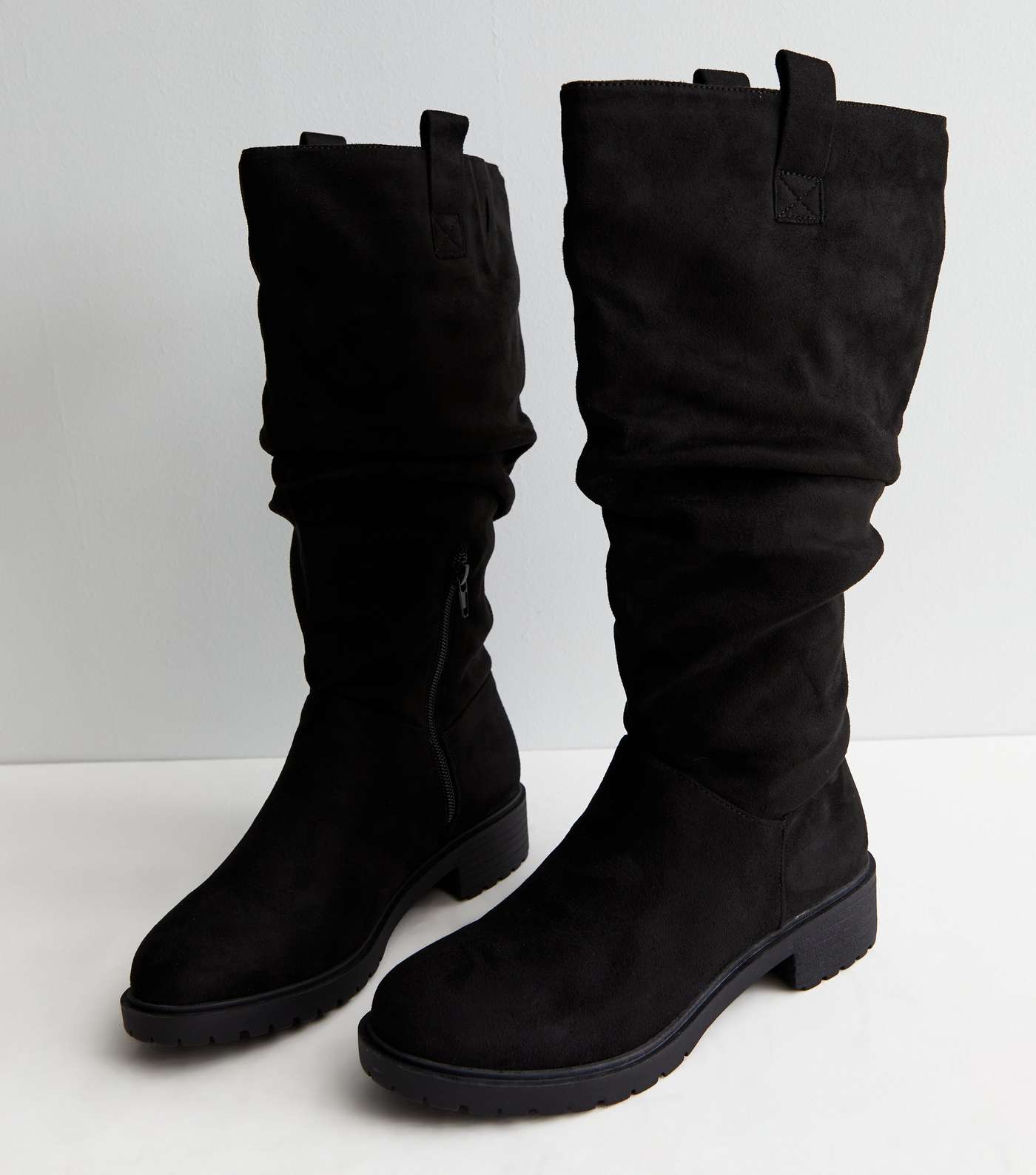 Wide Fit Extra Calf Fitting Black Suedette Knee High Chunky Slouch Boots Image 4