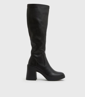 Black Chunky Block Heel Knee High Boots | New Look