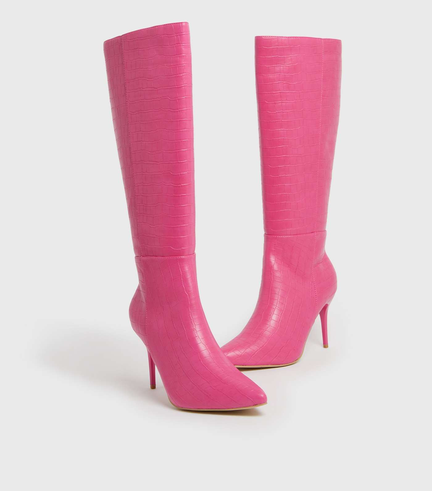 Bright Pink Faux Croc Stiletto Knee High Boots Image 2