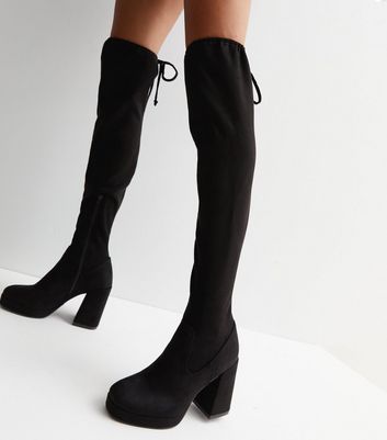 Black Suedette Knee High Platform Block Heel Boots | New Look