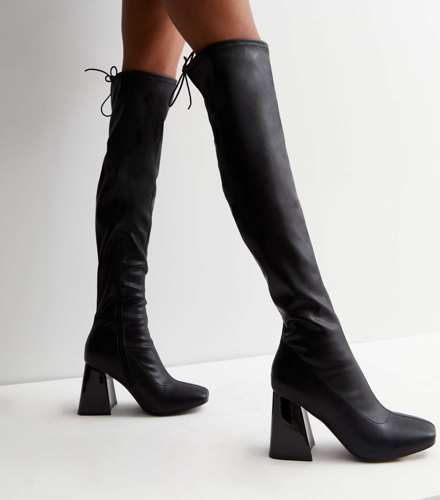 Black Over the Knee Flared Block Heel Stretch Boots Image 2