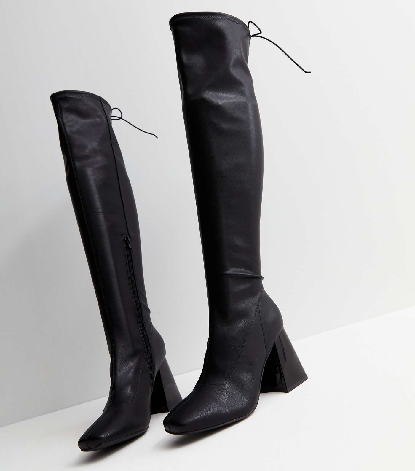 Black Over the Knee Flared Block Heel Stretch Boots Image 4