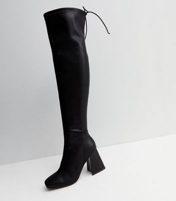 Black Over the Knee Flared Block Heel Stretch Boots