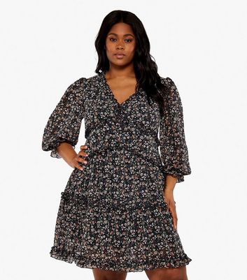 Apricot Curves Navy Floral Frill Tiered Mini Dress | New Look