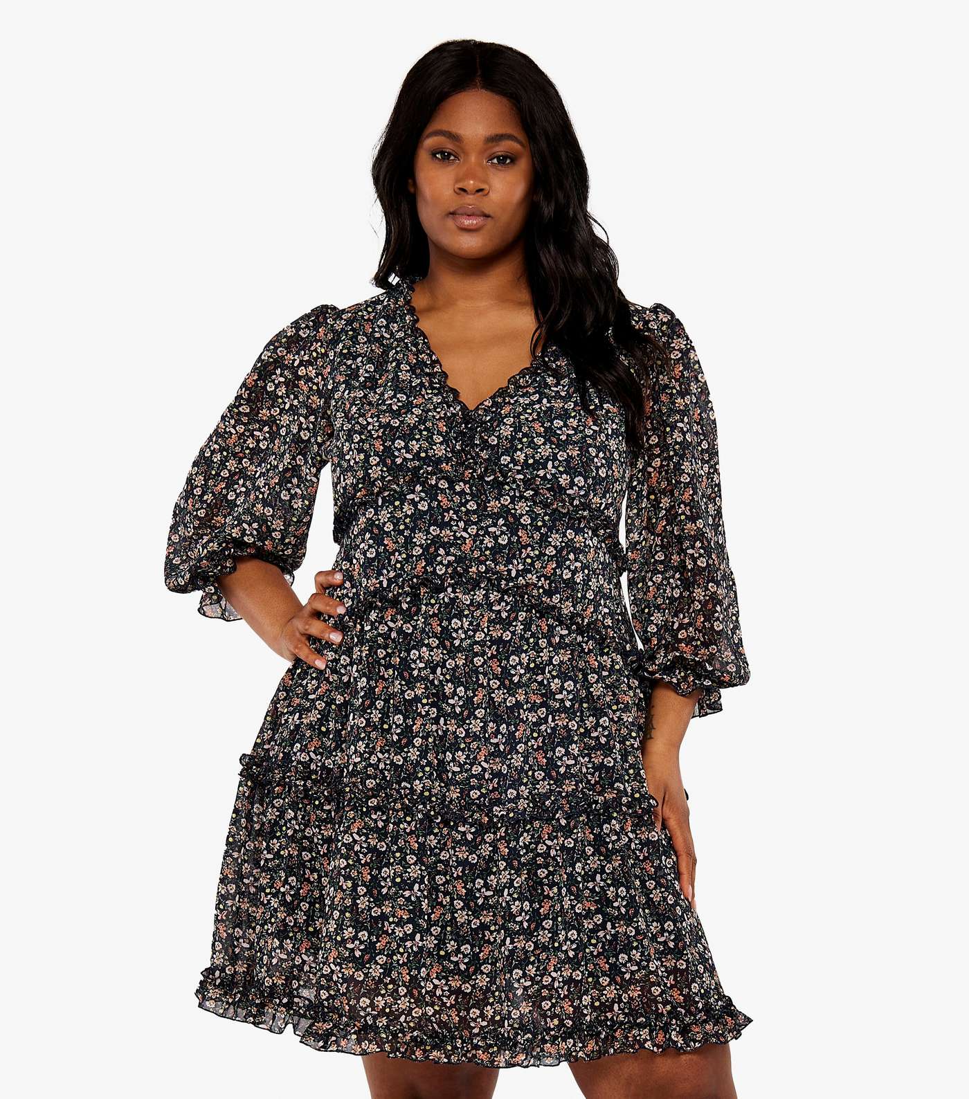 Apricot Curves Navy Floral Frill Tiered Mini Dress