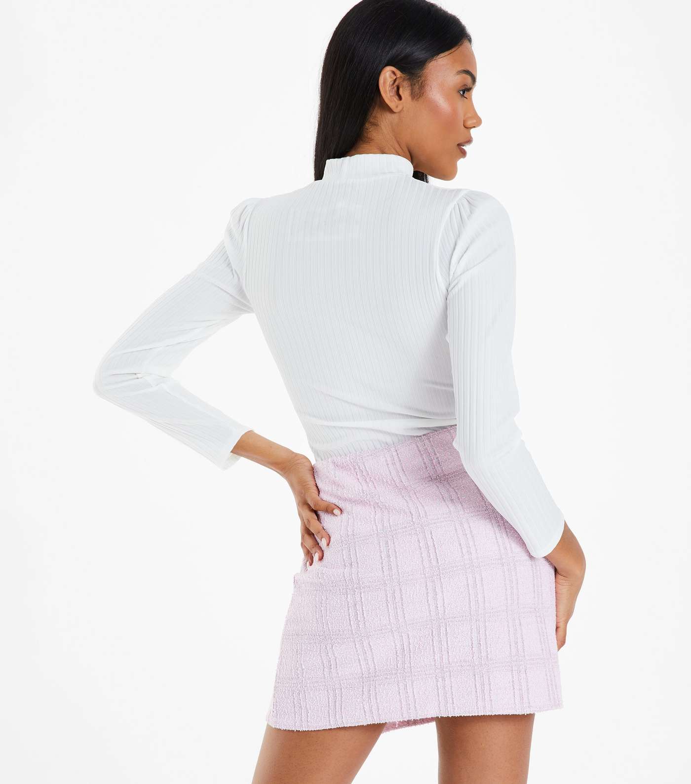 QUIZ Pink Check Bouclé Split Mini Skirt Image 4