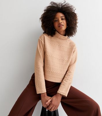 New Look Women's Camel Cable Knit Stand Neck Boxy Sweatshirt - S