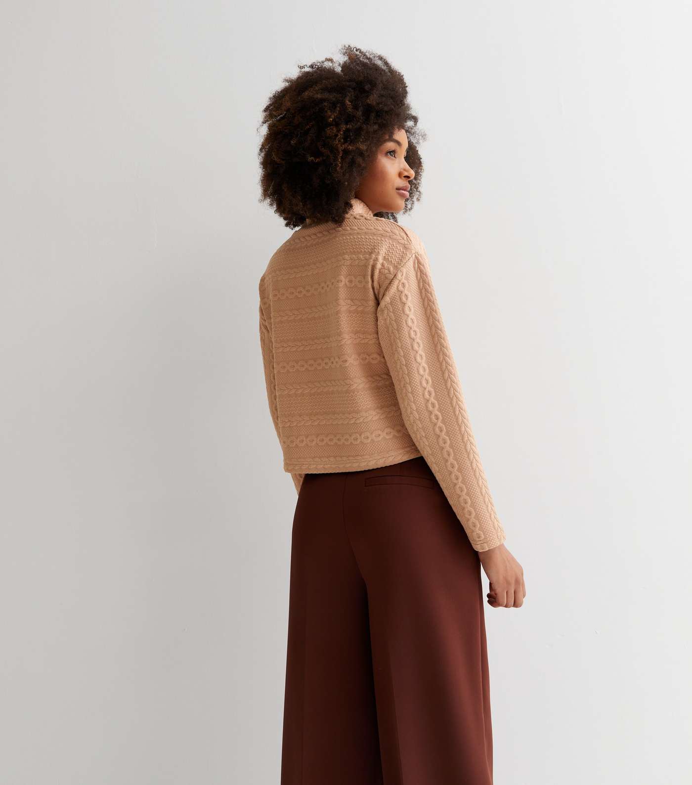 Camel Cable Knit High Neck Boxy Jumper Image 4