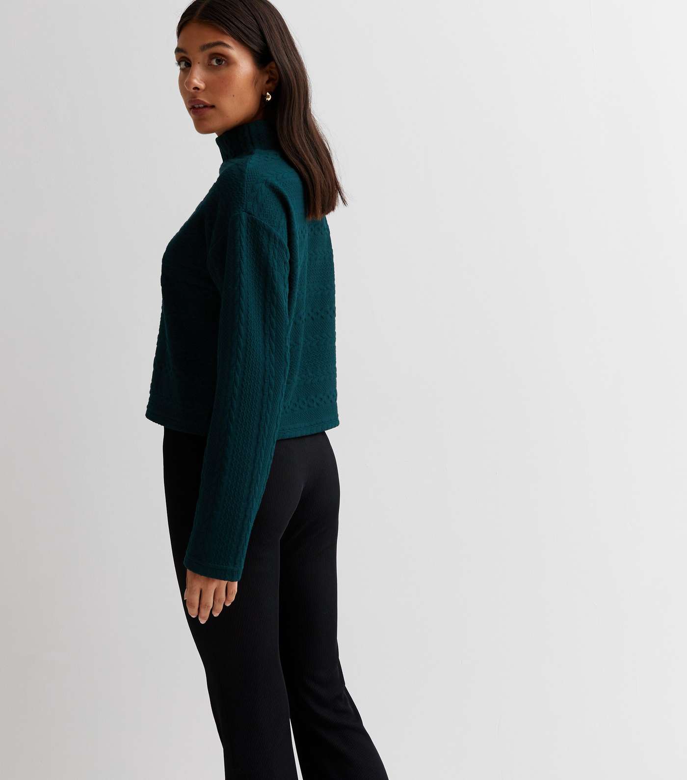 Dark Green Cable Knit High Neck Boxy Jumper Image 4