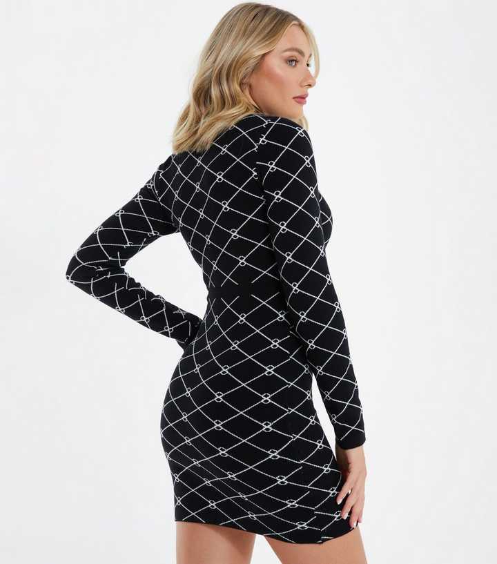 QUIZ Black Geometric Knit Long Sleeve Button Front Mini Dress