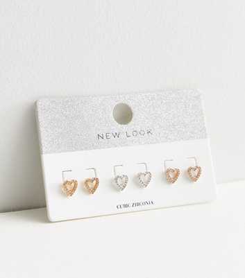 3 Pack Silver and Gold Cubic Zirconia Heart Stud Earrings