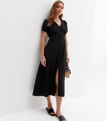 Black Button Front Tie Back Midi Tea Dress