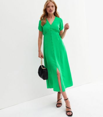 Green Button Front Tie Back Midi Tea Dress