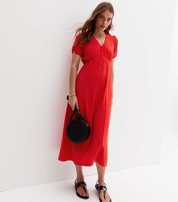 Red Button Front Tie Back Midi Tea Dress